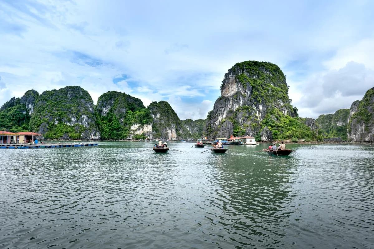 Boats among the limestone karsts of Ha Long Bay, Vietnam